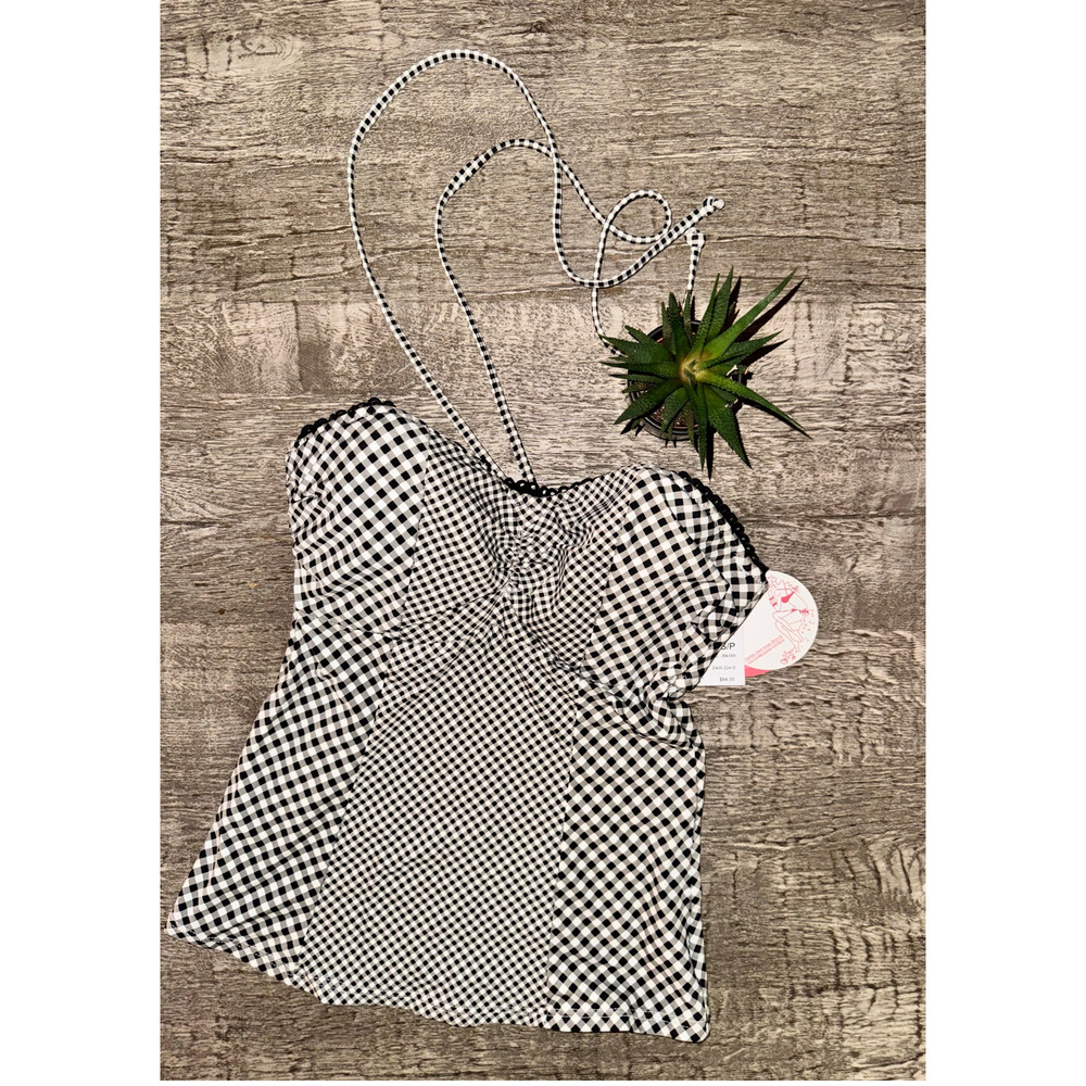 Gottex Black White Gingham Swim Top | Strapless Tankini Bandeau | Retro Chic | M